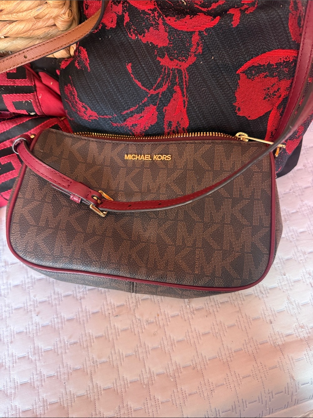 Michael Kors Brown MK Logo Crossbody with Burgundy Trim